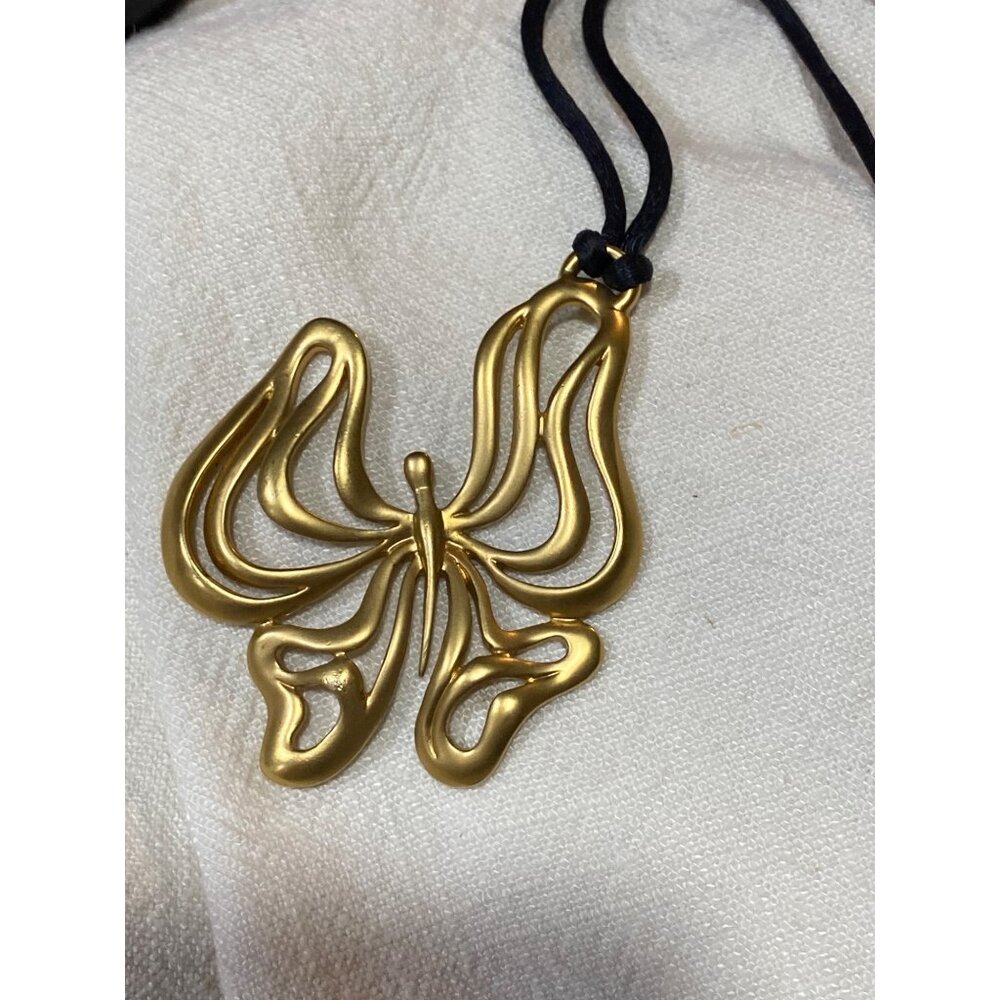 Vintage Gold-Tone Butterfly Pendant Necklace On Black Cord